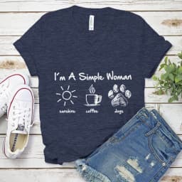 Woman T-shirts I Am A Simple Woman with Letters Sunshine Coffee Dog Pattern T-shirt Fun Cute Retro Design V-neck T-shirts
