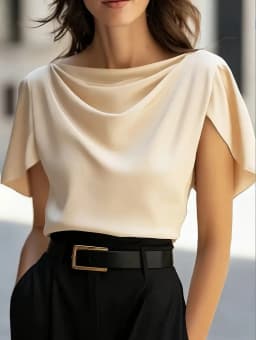 Women's Short Sleeve Cowl Neck Blouse Elegant Draped Top