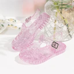 Girls Glitter Jelly PVC Sandals Toddler Little Kids Buckle Closure Retro Woven Cut-Out Summer Beach Shoes