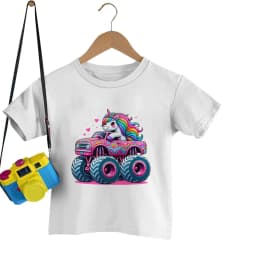 Cute Unicorn Truck Print T-shirt Toddler Girl Tee Unicorn Monster Truck Print Soft Casual Top Funny Pink Unicorn Truck Girl Wear