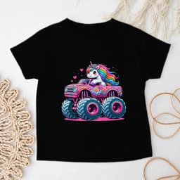 Cute Unicorn Truck Print T-shirt Toddler Girl Tee Unicorn Monster Truck Print Soft Casual Top Funny Pink Unicorn Truck Girl Wear