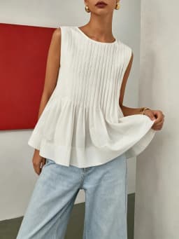 Casual Versatile Fashion Elegant Slim-Fit Short-Sleeve Heavy-Duty Pleated Design Round Neck Sleeveless Shirt Vest Top for Women