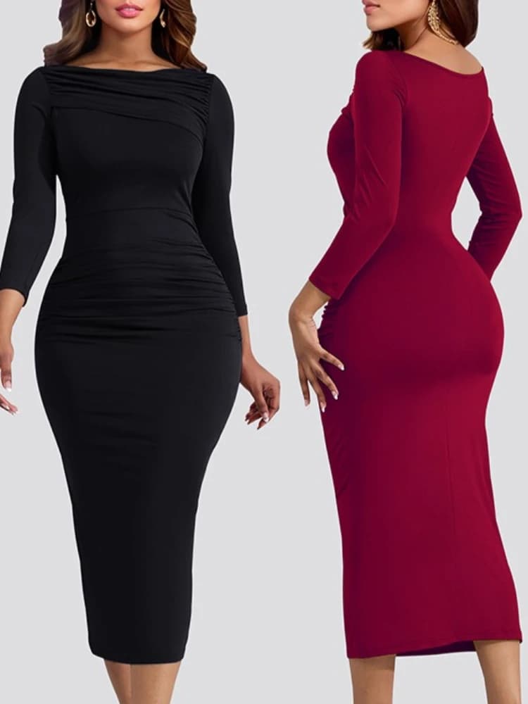 Sexy Solid Color Pleated Slim Bodycon Long Dress Women Long Sleeved Skinny Evening Midi Dress Club Party