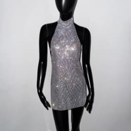 Shiny Rhinestone Metal Sequins Mini Dress For Women Sexy Backless Mock Neck Halter Neck Sleeveless Dress Party Evening Dresses