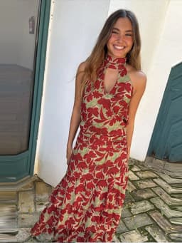 Vintage Printed Halter Women's Dress Sleeveless Slim Backless Ruffle Hollowed Out Long Dresses 2026 Summer Lady Street Robes