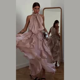 Vintage Printed Halter Women's Dress Sleeveless Slim Backless Ruffle Hollowed Out Long Dresses 2026 Summer Lady Street Robes