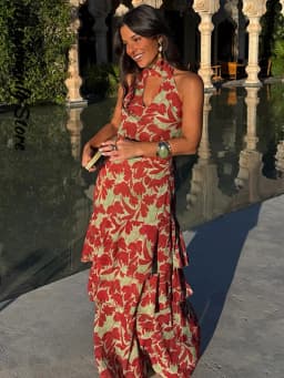 Vintage Printed Halter Women's Dress Sleeveless Slim Backless Ruffle Hollowed Out Long Dresses 2026 Summer Lady Street Robes