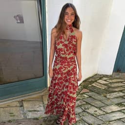 Vintage Printed Halter Women's Dress Sleeveless Slim Backless Ruffle Hollowed Out Long Dresses 2026 Summer Lady Street Robes