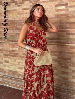 Vintage Printed Halter Women's Dress Sleeveless Slim Backless Ruffle Hollowed Out Long Dresses 2026 Summer Lady Street Robes