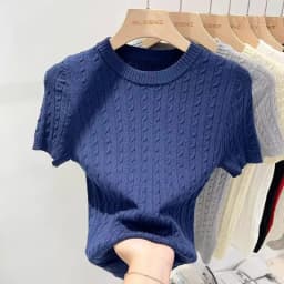Zjaiss 2026 Summer Apricot O-Neck Women's Short Sleeve Knit Top Twist Slim Fit Short T-Shirt Trendy Solid Color Versatile Tee