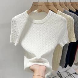Zjaiss 2026 Summer Apricot O-Neck Women's Short Sleeve Knit Top Twist Slim Fit Short T-Shirt Trendy Solid Color Versatile Tee