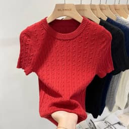 Zjaiss 2026 Summer Apricot O-Neck Women's Short Sleeve Knit Top Twist Slim Fit Short T-Shirt Trendy Solid Color Versatile Tee