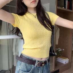Zjaiss 2026 Summer Apricot O-Neck Women's Short Sleeve Knit Top Twist Slim Fit Short T-Shirt Trendy Solid Color Versatile Tee