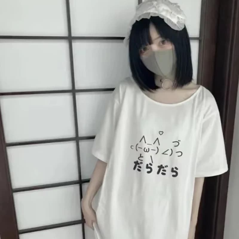 Japanese Women's Y2k Aesthetic Loose Cute T-shirt Cartoon O-Neck Casual T-shirts Y2k Top Harajuku Women Clothing
