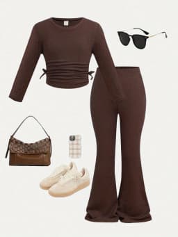 Girls 2 Piece Brown Textured Outfit Ruched Drawstring Crop Top & High Waist Flare Pants Kids Casual Streetwear Set