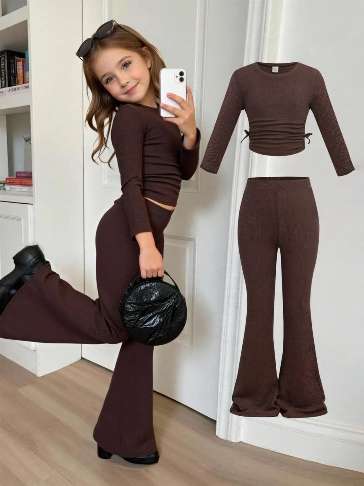 Girls 2 Piece Brown Textured Outfit Ruched Drawstring Crop Top & High Waist Flare Pants Kids Casual Streetwear Set