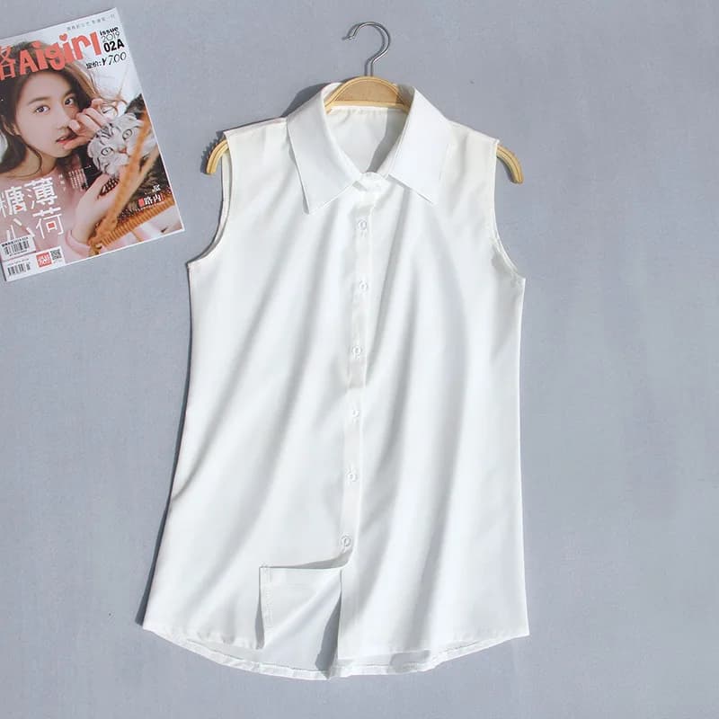 White Sleeveless Collared Blouse Summer Womens Tank Top Shirt