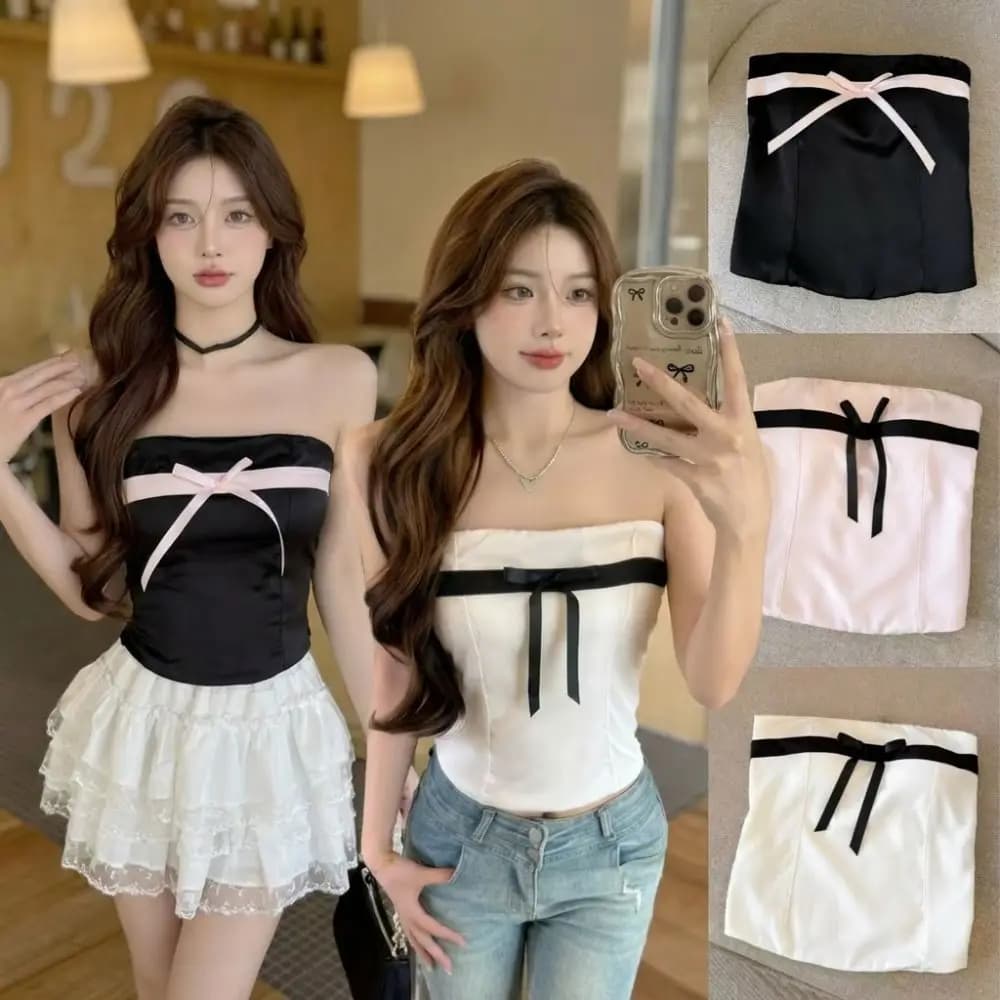 Off-shoulder Summer Bow Tube Top Satin Versatile Strapless Top Slimming Solid Color Sleeveless Bustier Top Women Casual Daily