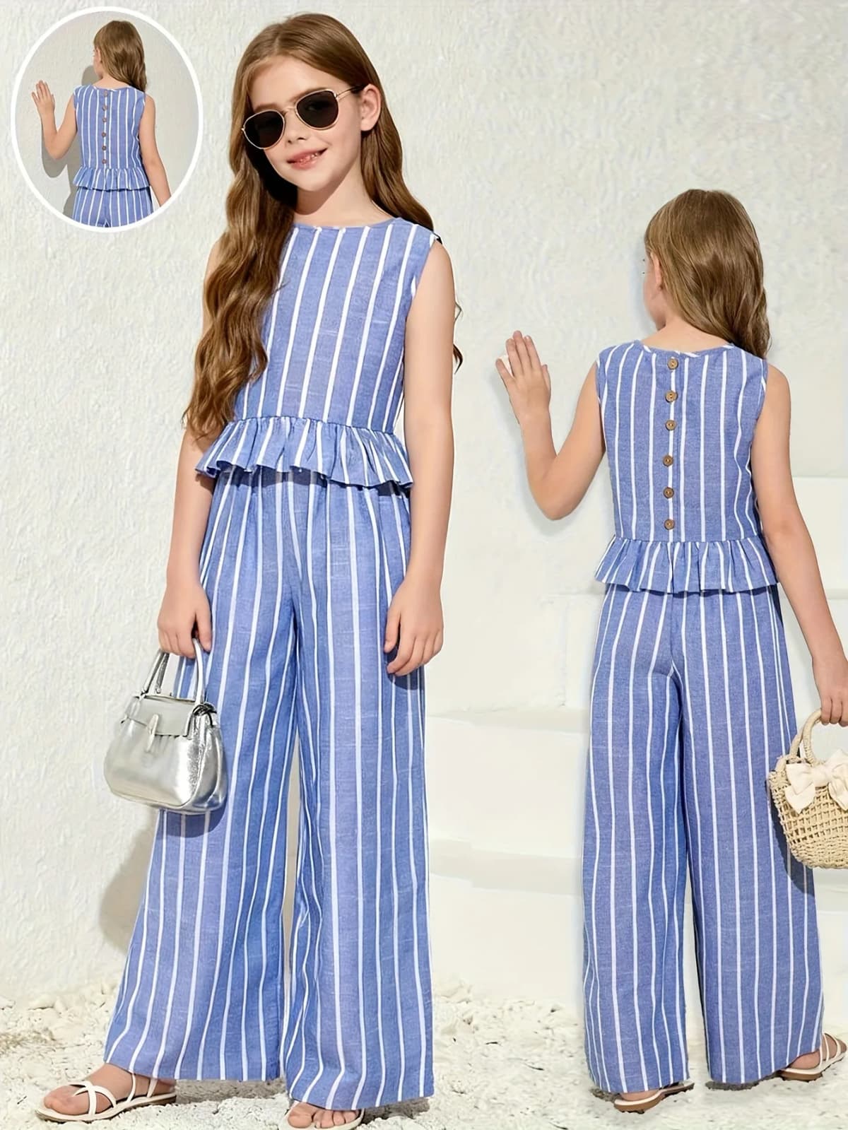 Girls Sleeveless Striped Peplum Wide Leg Jumpsuit Back Button Detail Kids Summer Vacation Casual Outfit