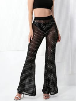 Sexy Hot Girl Style Sheer Sequined Net-fitted Flared Pants Cool And Revealing Without An Inner Layer Tight-fitting Long Pants