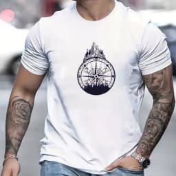 Men's 100% Cotton Compass Printed T-Shirt with Compass Rose and Nautical Design, Summer and Spring Streetwear