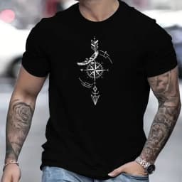 Men's 100% Cotton Compass Printed T-Shirt with Compass Rose and Nautical Design, Summer and Spring Streetwear