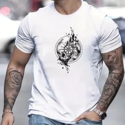 Men's 100% Cotton Compass Printed T-Shirt with Compass Rose and Nautical Design, Summer and Spring Streetwear