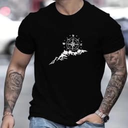 Men's 100% Cotton Compass Printed T-Shirt with Compass Rose and Nautical Design, Summer and Spring Streetwear