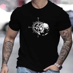 Men's 100% Cotton Compass Printed T-Shirt with Compass Rose and Nautical Design, Summer and Spring Streetwear