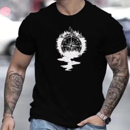 Men's 100% Cotton Compass Printed T-Shirt with Compass Rose and Nautical Design, Summer and Spring Streetwear