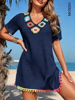 MOXDO Tunic with Fringe Skirt: Summer European & American Style Women's Casual Holiday Wear, Knitted, Sexy, Beach, Pool, Seaside
