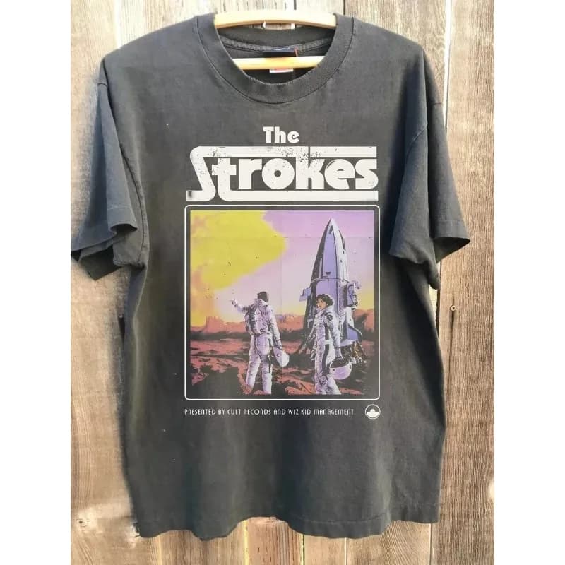 90s Retro Charcoal Gray The Strokes Band T-shirt Suitable for Both Men and Women, Summer New Y2K Harajuku Style Casual T-shirt