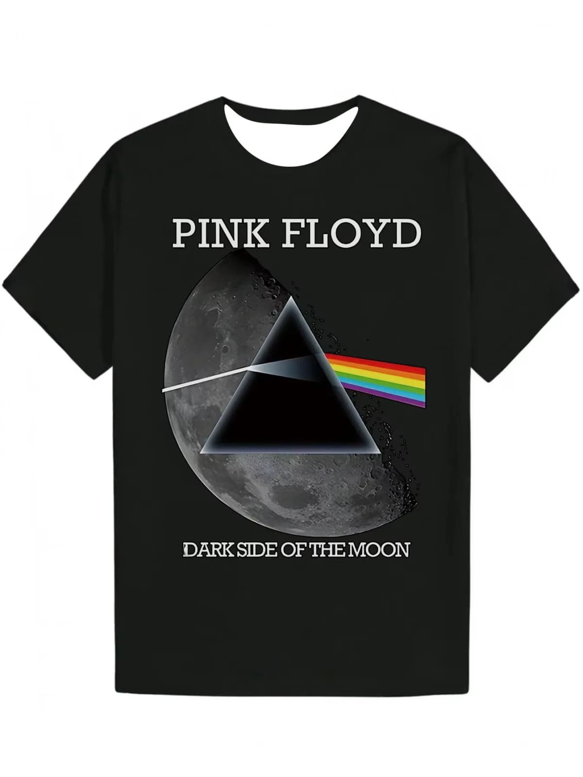 Men's Casual T-Shirt Black - Pink Floyd Dark Side of The Moon Album Art Print with Rainbow Triangle & Moon Design, Crew Neck