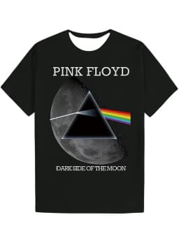 Men's Casual T-Shirt Black - Pink Floyd Dark Side of The Moon Album Art Print with Rainbow Triangle & Moon Design, Crew Neck