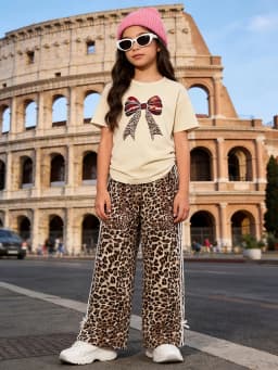Girls 2 Piece Leopard Print Pants & Bow Graphic Tee Set Kids Y2K Streetwear Outfit
