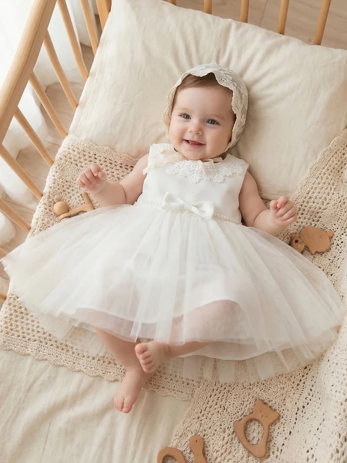 Baby Girls White Tulle Dress Sleeveless Lace Collar Bow Princess Party Gown For Baptism Christening Birthday Wedding Photo Shoot