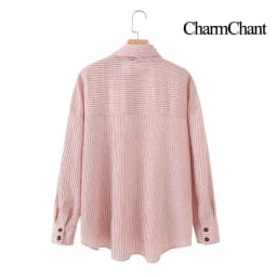 CHARMCHANT Women's cotton Pink Striped Asymmetrical Collar Oversized Button Down Shirt Long Sleeve Casual Blouse Summer 2026