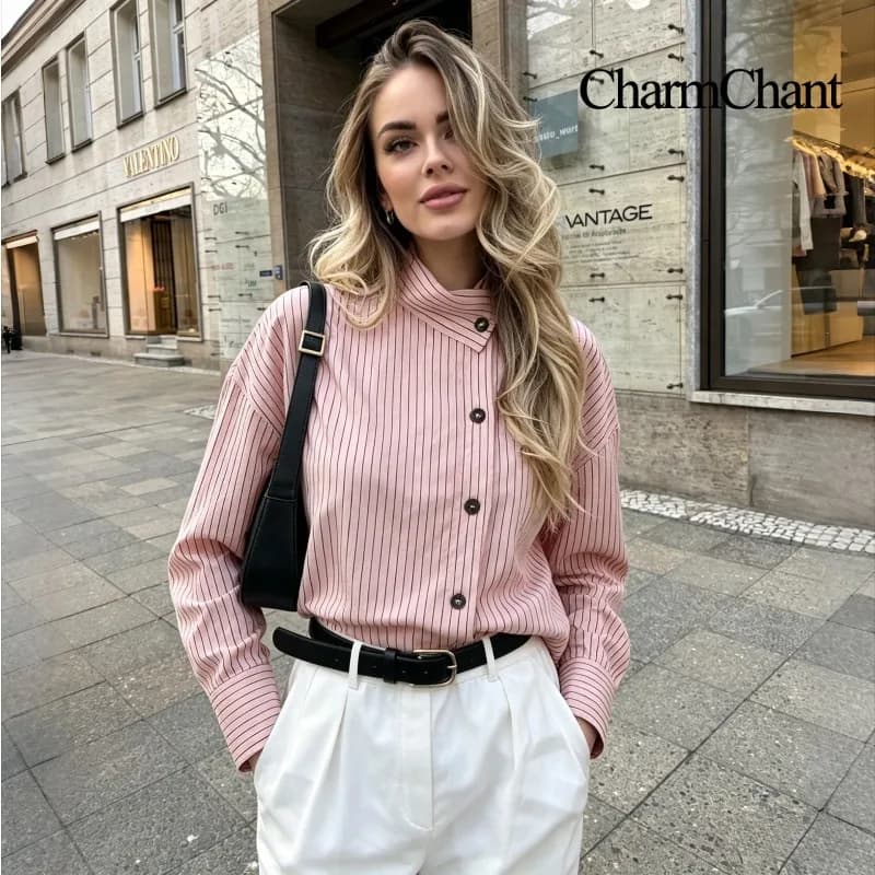 CHARMCHANT Women's cotton Pink Striped Asymmetrical Collar Oversized Button Down Shirt Long Sleeve Casual Blouse Summer 2026