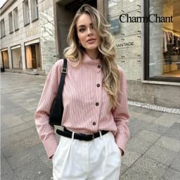 CHARMCHANT Women's cotton Pink Striped Asymmetrical Collar Oversized Button Down Shirt Long Sleeve Casual Blouse Summer 2026