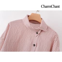 CHARMCHANT Women's cotton Pink Striped Asymmetrical Collar Oversized Button Down Shirt Long Sleeve Casual Blouse Summer 2026