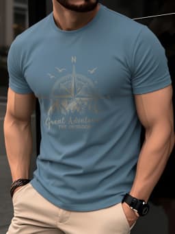 Summer Men's 100% Pure Cotton Casual Fashionable Loose Retro Compass Mountain Pattern Printed Round Neck Short Sleeved T-Shirt