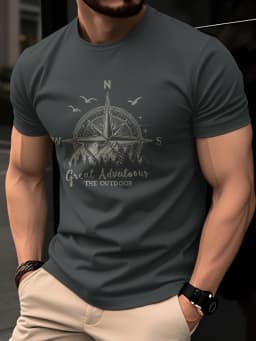 Summer Men's 100% Pure Cotton Casual Fashionable Loose Retro Compass Mountain Pattern Printed Round Neck Short Sleeved T-Shirt
