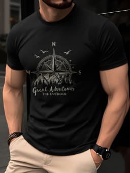 Summer Men's 100% Pure Cotton Casual Fashionable Loose Retro Compass Mountain Pattern Printed Round Neck Short Sleeved T-Shirt