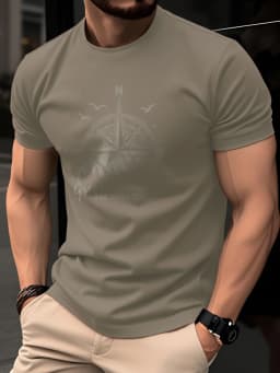Summer Men's 100% Pure Cotton Casual Fashionable Loose Retro Compass Mountain Pattern Printed Round Neck Short Sleeved T-Shirt