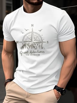 Summer Men's 100% Pure Cotton Casual Fashionable Loose Retro Compass Mountain Pattern Printed Round Neck Short Sleeved T-Shirt