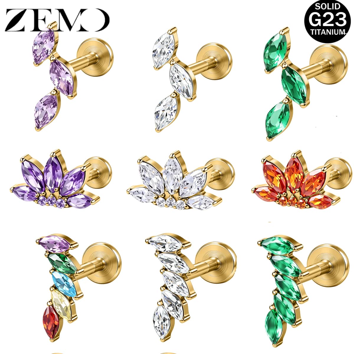 ZEMO 1PC ASTM F136 Titanium Labret Lips Stud 16G Triple Lotus Marquise CZ Ear Stud Cartilage Earring Tragus Helix Piercing 6/8MM