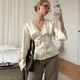 Tuularose Elegant Summer Tops Women's Fashion Solid V-Neck Lace-Up Long Sleeve Tops New Chic Casual Office Lady Women's T-Shirts
