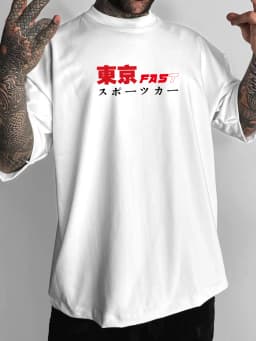 Oversized Streetwear Graphic T Shirt Men Brand Japanese Tokyo Racing Style Loose Fit Tee White Cotton Top Drift JDM Car Print Jo