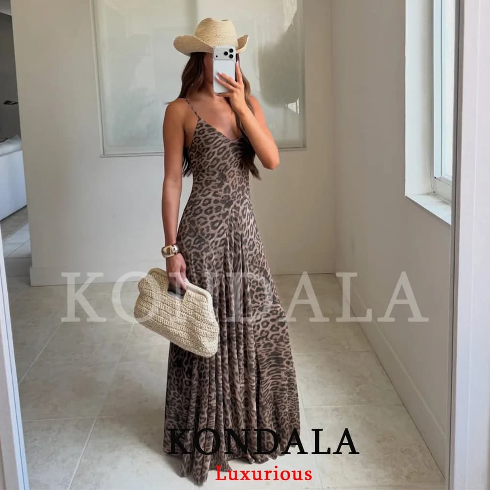 KONDALA Vintage Sexy Women Long Cami Chiffon Dress Leopard Beach Holiday Party Dress Fashion 2026 Spring Summer Elegant Dress