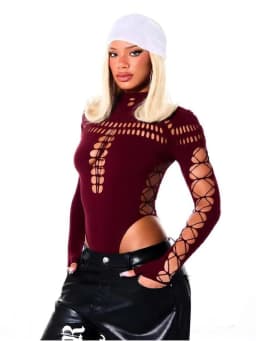 FHSEER SummerWomen's Y2K Sexy Bodysuit High Neck Bodycon Front Cutout & Lace-up Mesh Sleeve Stretchy Edggy Clubwear Streetwear